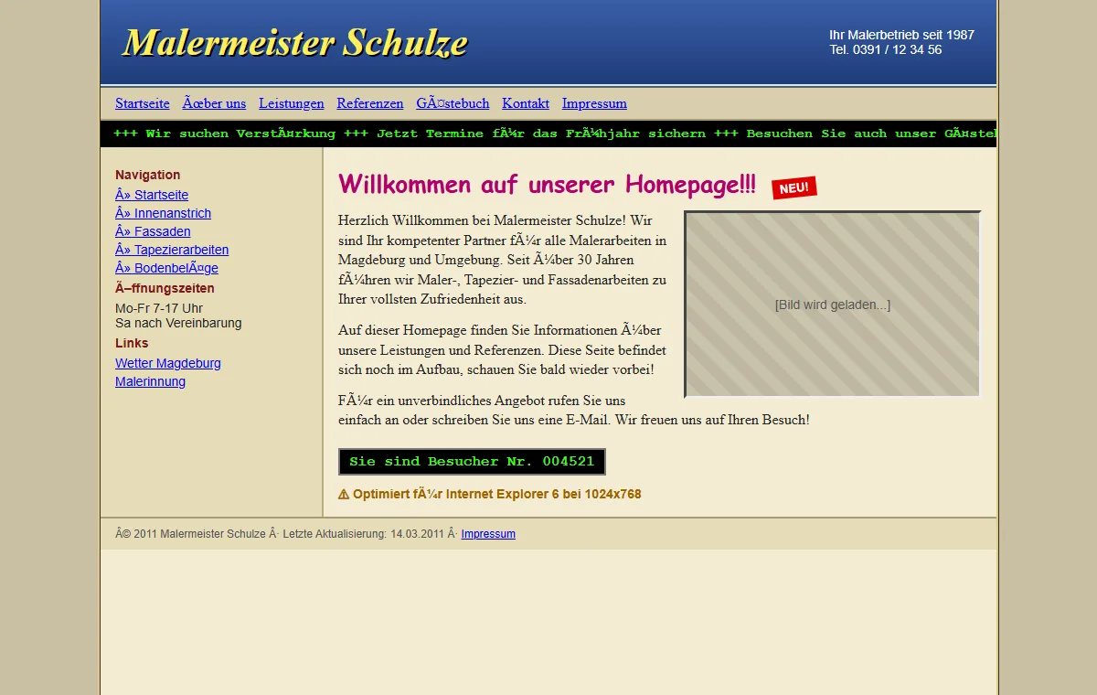 Veraltete Website (Beispiel)